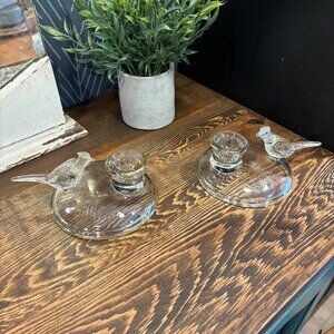 2 1930s Vintage Jeannette Glass Candlestick Holders with Pheasant Motifs
